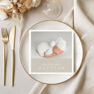 Serviette En Papier Croix Religieuse Élégante Taupe Photo Baptême