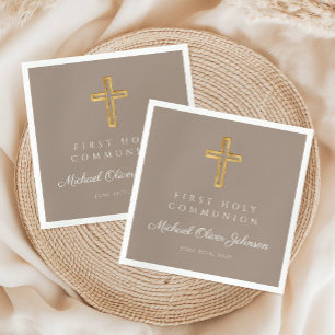 Serviette En Papier Croix Religieuse Élégante Taupe Première Communion