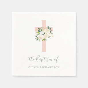 Serviette En Papier Croix rose et fleurs blanches   Baptême de fille
