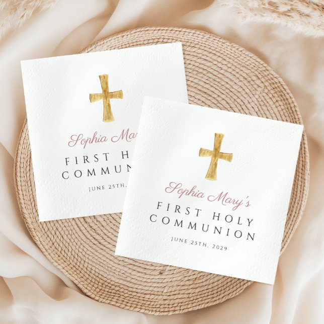Serviette En Papier Croix rose Fille religieuse Première Communion sai (Pink Cross Religious Girl First Holy Communion Napkins)