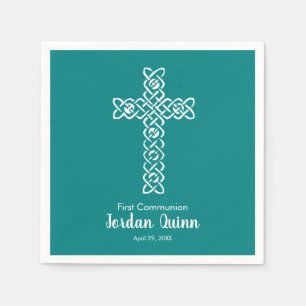 Serviette En Papier Croix   Turquoise Communion Baptême Christening