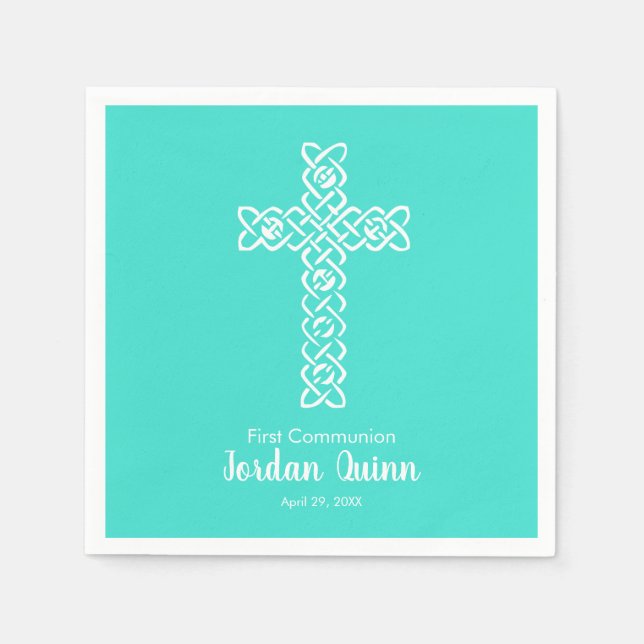 Serviette En Papier Croix | Turquoise Communion Baptême Christening (Devant)