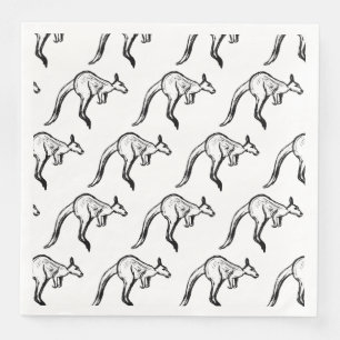 Serviette En Papier Croquis de kangourou sautant en noir et blanc