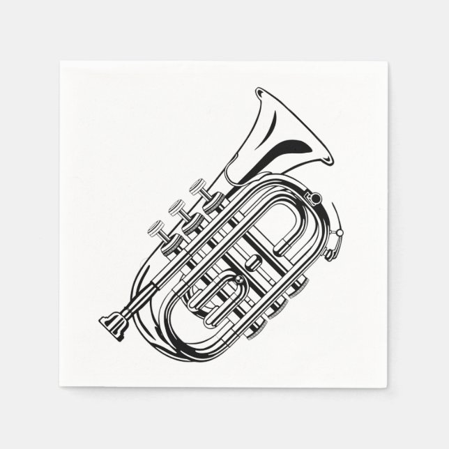Serviette En Papier Croquis de trompette noir et blanc Instrument de m (Devant)