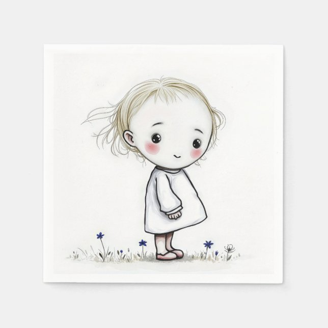 Serviette En Papier Croquis Petite Fille En Fleur sauvage (Devant)