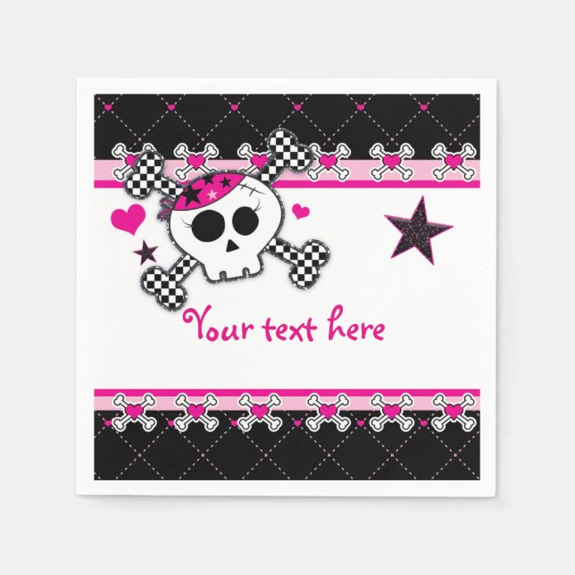 Serviette En Papier Crossbones crâne rose & Serviettes de fête du coeu (Devant)