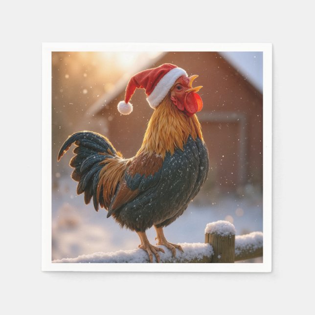 Serviette En Papier Crowing Christmas Rooster Wearing a Santa Hat (Devant)