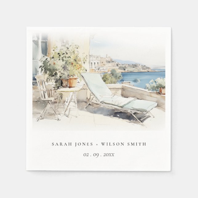 Serviette En Papier Curfu Grèce Mariage de paysage aquarelle (Devant)