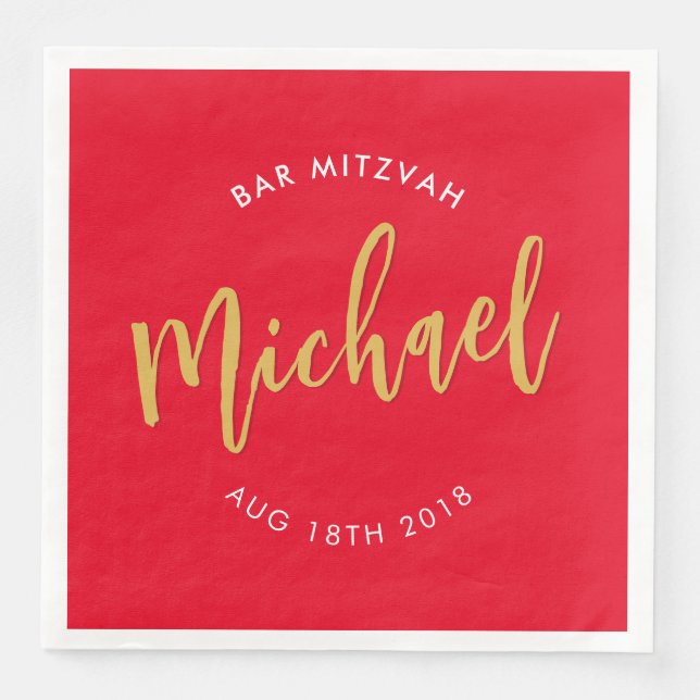 Serviette En Papier CUSTOM Bar Mitzvah déjeuner or rouge calligraphie (Devant)