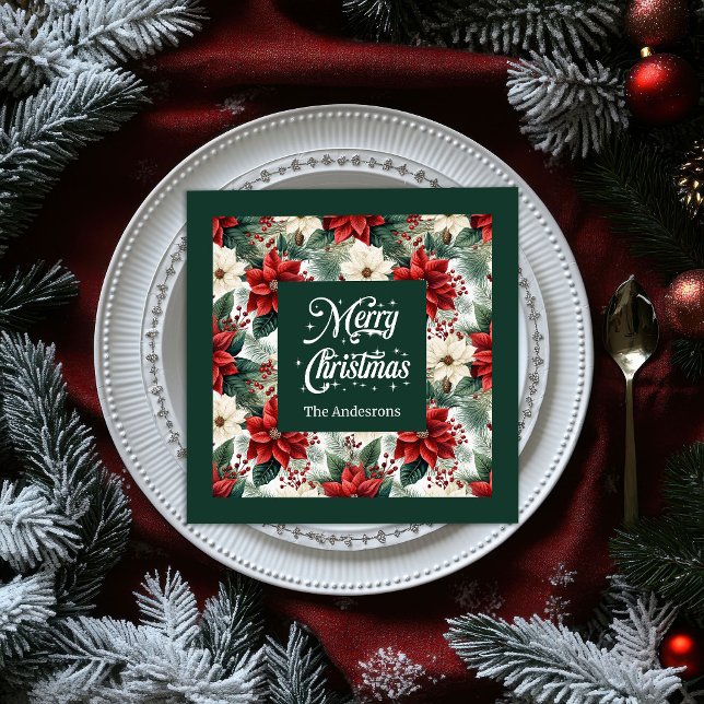 Serviette En Papier Custom Name Napkins Red Green Christmas Flowers (Custom Name Napkins Red Green Christmas Flowers)