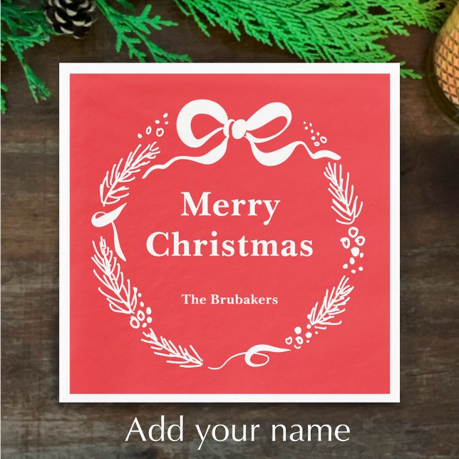 Serviette En Papier Custom Red Modern Hand Drawn Bow Merry Christmas (Personalize this festive red hand drawn pine and bow doodle Merry Christmas napkin. My original art.)