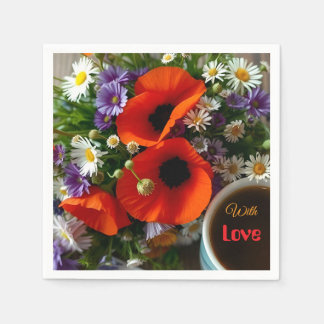 Serviette En Papier Custom "With Love"  Cup of Coffee & Red Poppies 