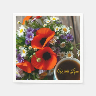 Serviette En Papier Custom "With Love"  Cup of Coffee & Red Poppies 