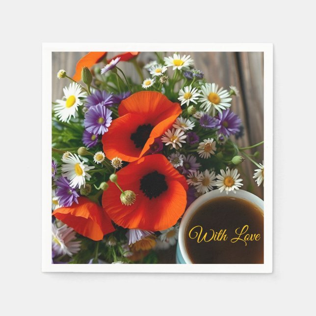Serviette En Papier Custom "With Love"  Cup of Coffee & Red Poppies  (Devant)