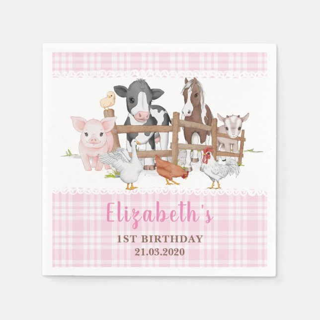 Serviette En Papier Cute 1er anniversaire Animaux de ferme Barnyard En (Devant)