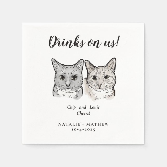 Serviette En Papier Cute 2 Chats Cheers Boissons sur nous Mariage (Devant)