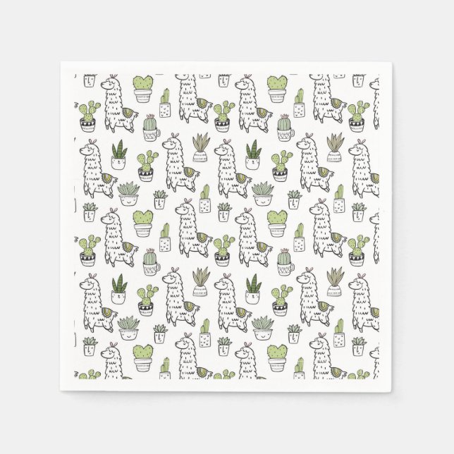 Serviette En Papier Cute Alpaca et Motif Cactus (Devant)