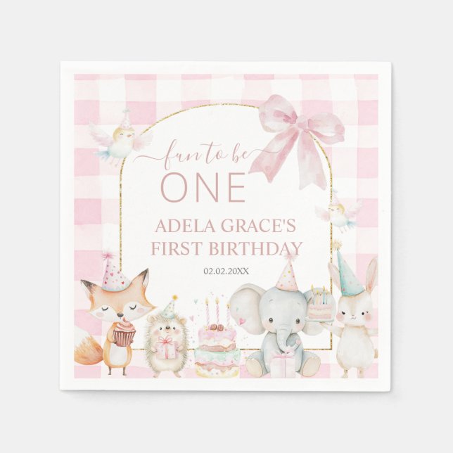 Serviette En Papier Cute Animals Fun To Be One 1st Birthday Pink Arch (Devant)