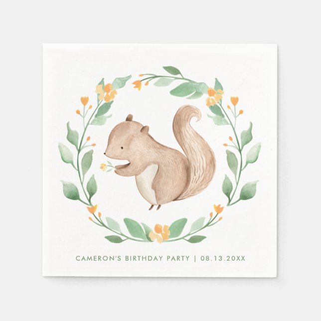 Serviette En Papier Cute Aquarelle Écureuil Wreath Bois Anniversaire (Devant)