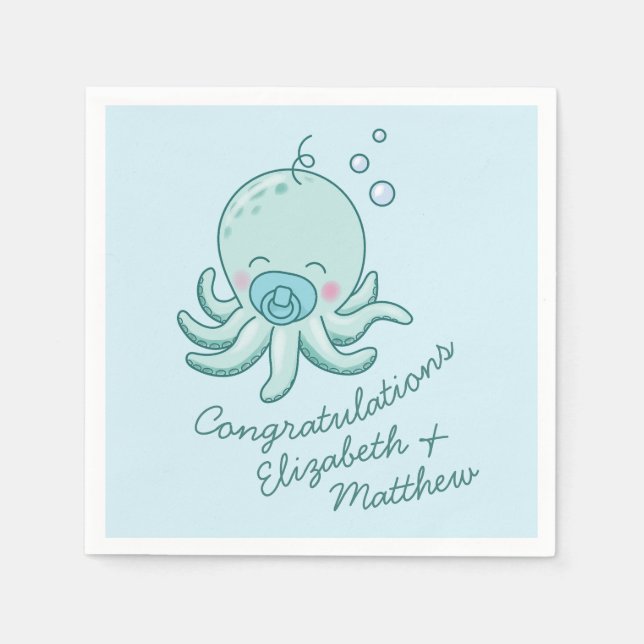 Serviette En Papier Cute Baby shower Octopus Kawaii Blue Boy (Devant)