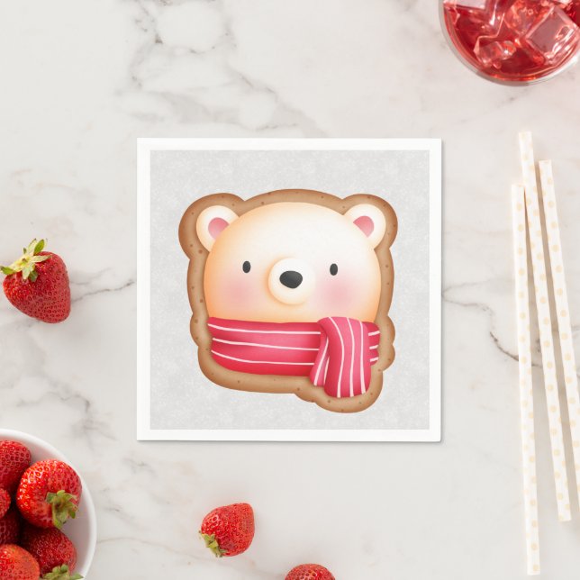 Serviette En Papier Cute Bear Face Red Scarf et Rosy Cheeks Christmas (En situation)