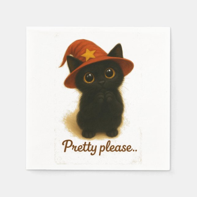Serviette En Papier Cute Black Cat Emi Begging Pose – Kawaii Witch Hat (Devant)