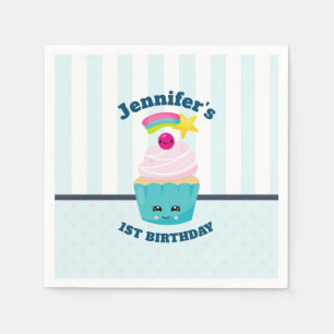 Serviette En Papier Cute Blue Cupcake avec Kawaii Face Anniversaire