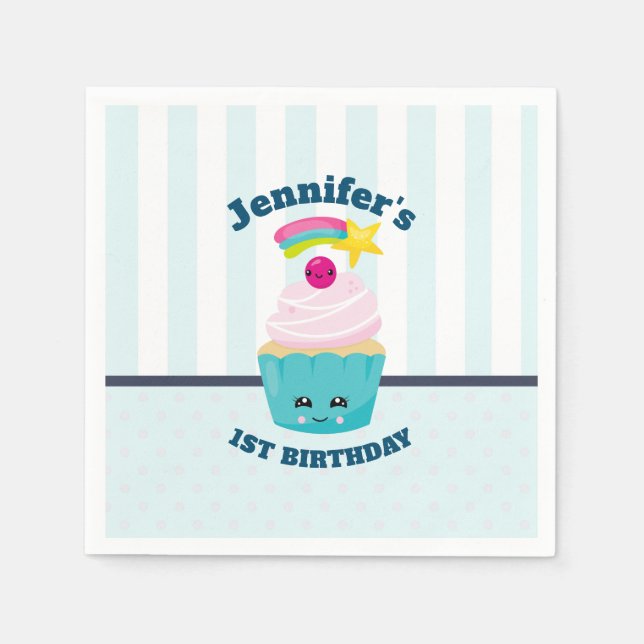 Serviette En Papier Cute Blue Cupcake avec Kawaii Face Anniversaire (Devant)