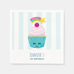 Serviette En Papier Cute Blue Cupcake avec Kawaii Face Anniversaire