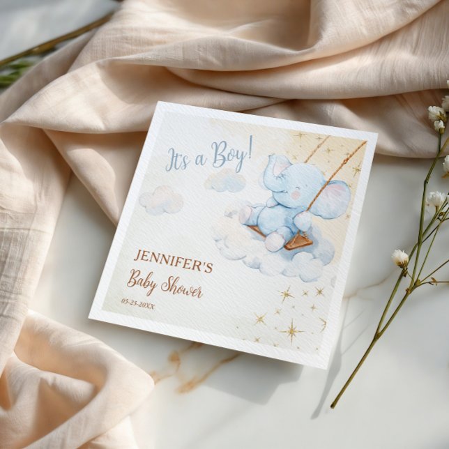 Serviette En Papier Cute Blue Elephant Cloud Baby Shower (Créateur téléchargé)