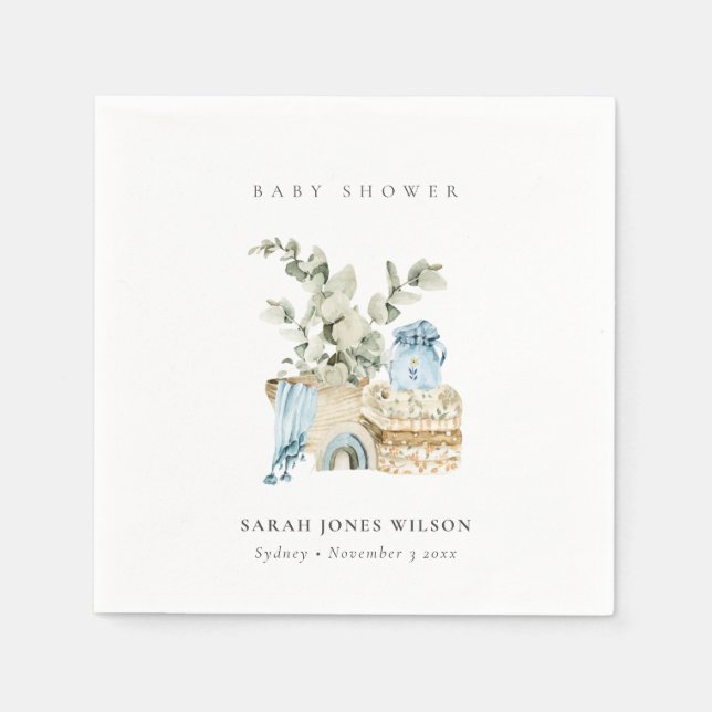 Serviette En Papier Cute Boho Blue Nursery Foliage Boy Baby shower (Devant)