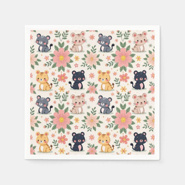Serviette En Papier Cute Cartoon Jungle Cats and Flowers (Devant)