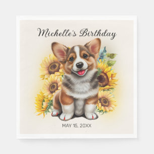Serviette En Papier Cute Corgi Chien Tournesols Anniversaire