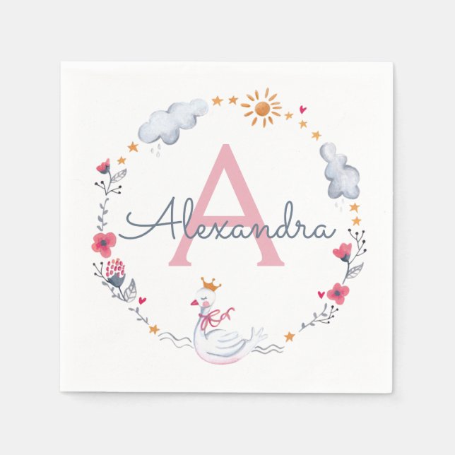 Serviette En Papier Cute cygne rose & couronne solaire fleurie avec mo (Devant)