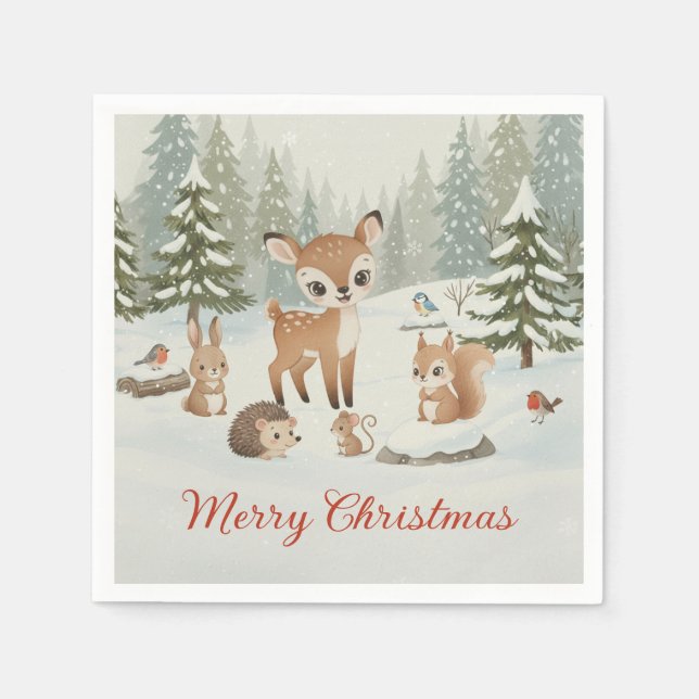 Serviette En Papier Cute Deer and Woodland Animals Merry Christmas (Devant)