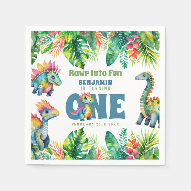 Serviette En Papier Cute Dinosaur Thème 1er Anniversaire Garçon Aquare (Devant)
