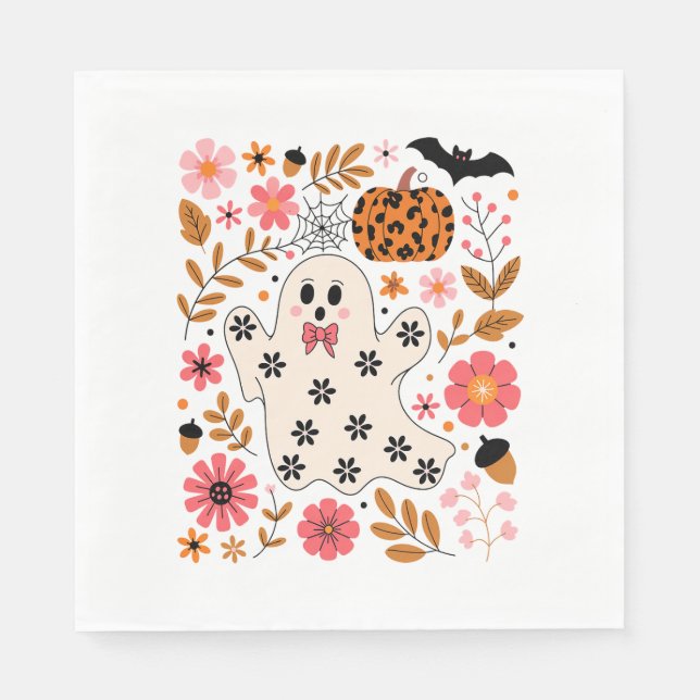 Serviette En Papier Cute Fantôme et Citrouille Floral Éffrayant (Devant)