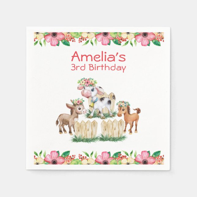 Serviette En Papier Cute Floral Farm Animaux Fille fête d'anniversaire (Devant)