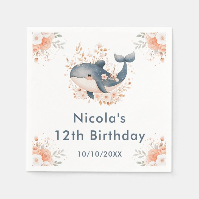 Serviette En Papier Cute Floral Whale Birthday Party (Devant)
