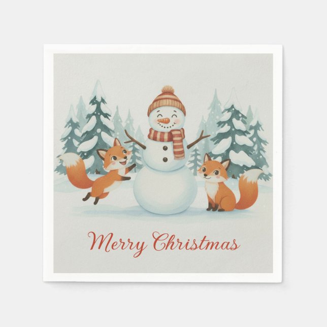 Serviette En Papier Cute Foxes and Snowman Merry Christmas (Devant)