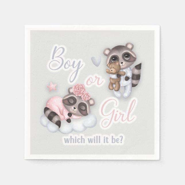 Serviette En Papier Cute Garçon Fille Bébé Raccoons Genre Révéler (Devant)