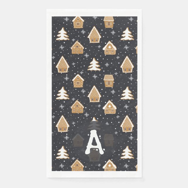 Serviette En Papier Cute Gingerbread Village Fir Trees Bleu Noël (Devant)