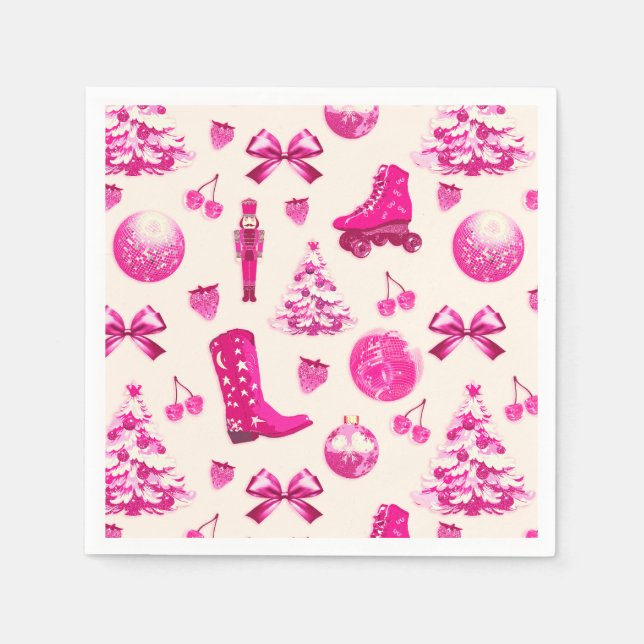 Serviette En Papier Cute Girly Preppy Motif de Noël rose (Devant)