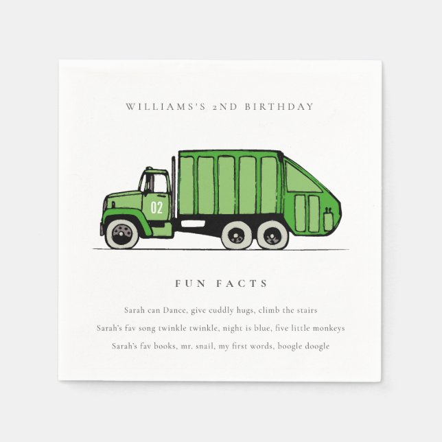 Serviette En Papier Cute Green Garbage Truck Kids Fun Facts Anniversai (Devant)