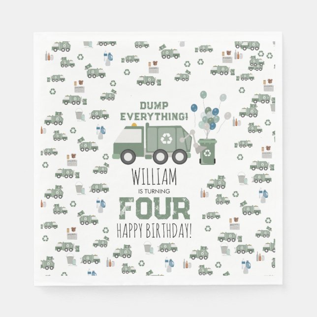 Serviette En Papier Cute Green Recycling Camion Enfants Nom Âge Annive (Devant)