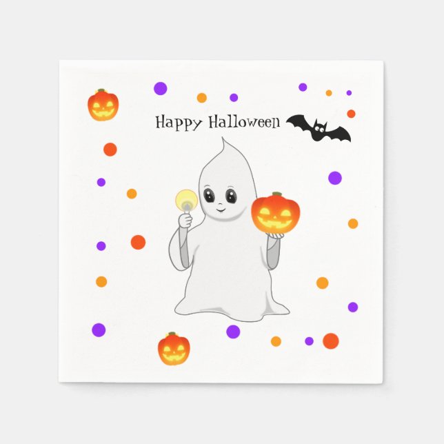 Serviette En Papier Cute Halloween Baby Ghost & Citrouilles en blanc (Devant)
