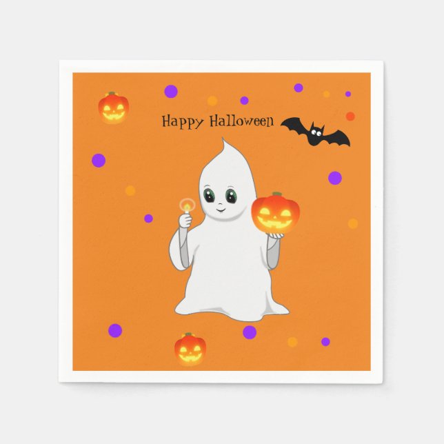 Serviette En Papier Cute Halloween Baby Ghost & Citrouilles sur Orange (Devant)