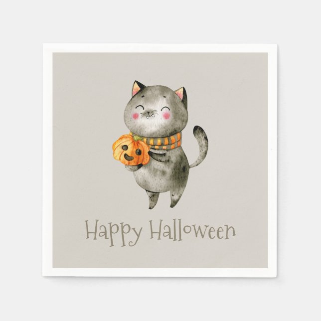 Serviette En Papier Cute Halloween Chat avec Citrouille | Serviette de (Devant)