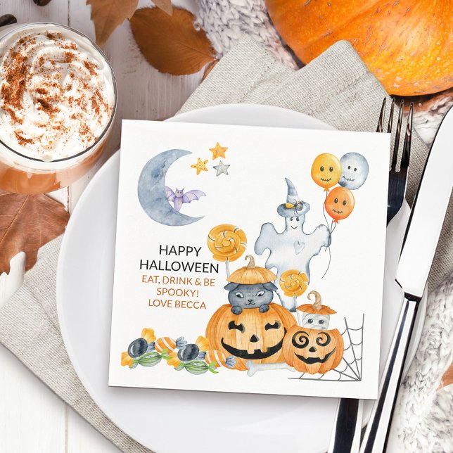 Serviette En Papier Cute Halloween Ghost et Jack-o'-lantern Citrouille (Cute kids halloween party napkins)