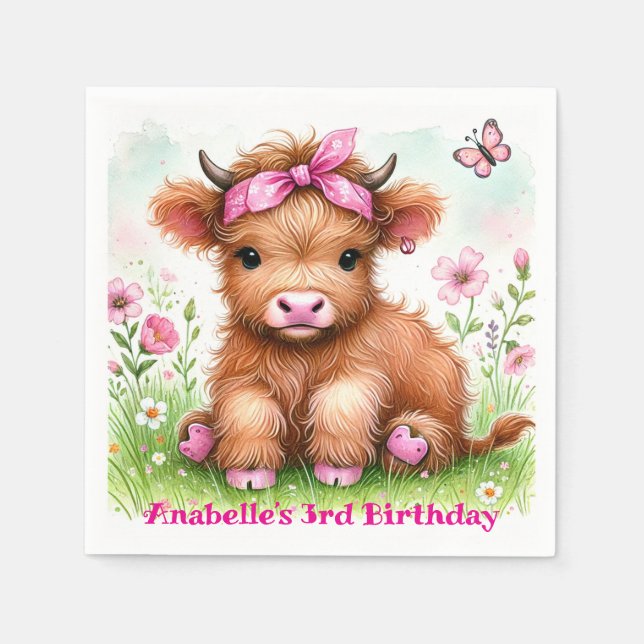 Serviette En Papier Cute Highland Vache papillon Fille Anniversaire (Devant)